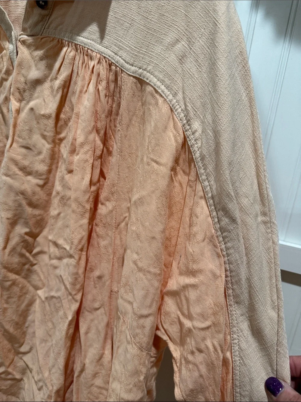 #842 FREE PEOPLE Peach 2-Tone Half Button Boho Flowy Oversized Blouse w Pockets